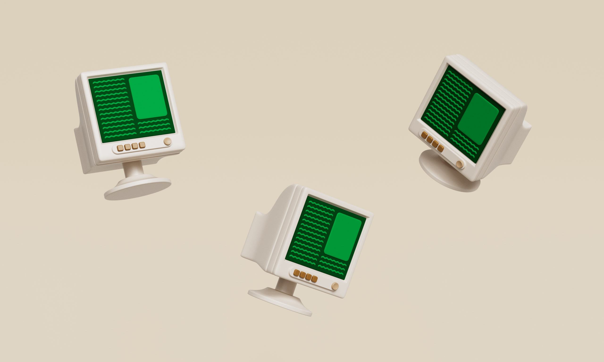 Three old-fashioned computer monitors are floating on a beige background.
