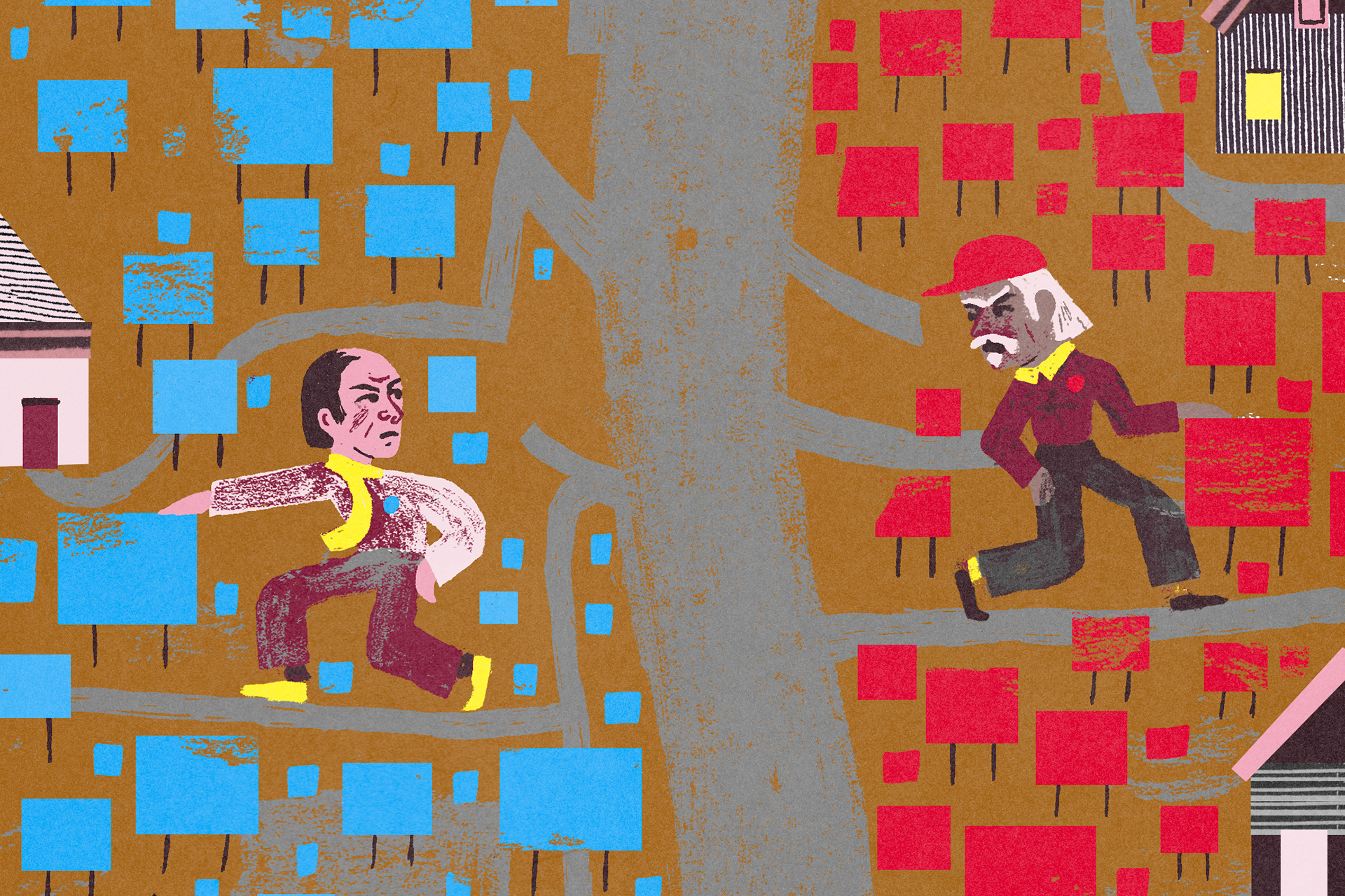 An illustration of two people on one red side of a street and another on a blue side of a street to signify their politics.