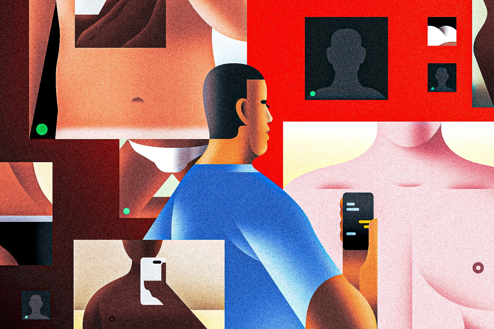 An illustration of a man looking at a Grindr chat screen on his phone. Several abstracted men’s Grindr images cascade all around him