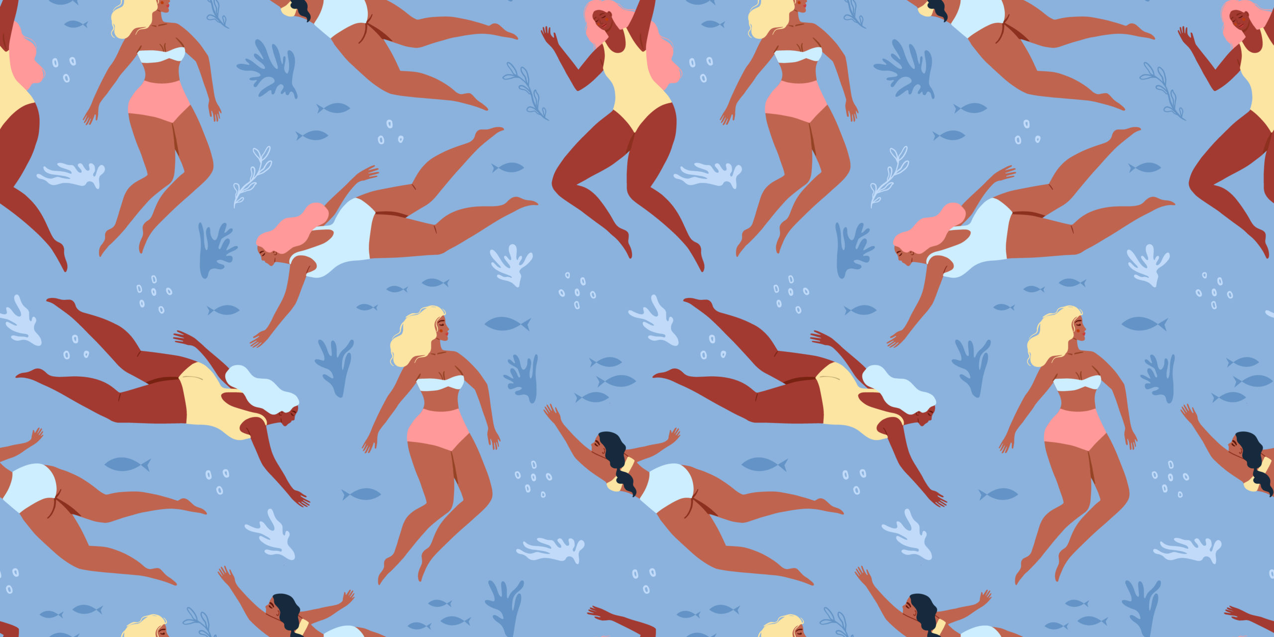 An illustration of various female bodies in swimsuits against a blue background.