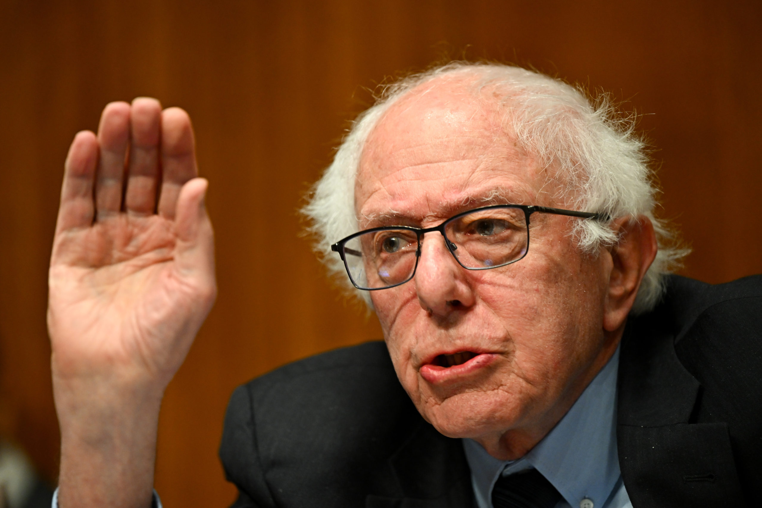 Sen Bernie Sanders holds his hand in the air.