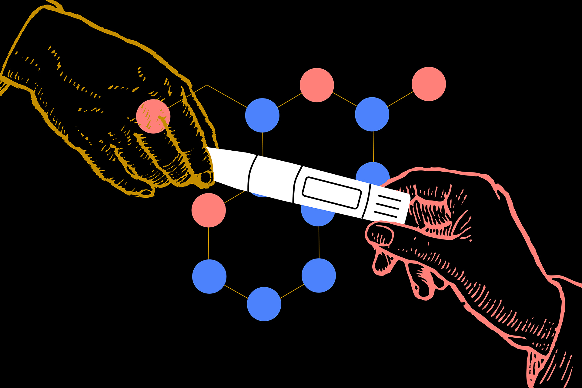 A drawing of two hands exchanging a vial of peptides, with colorful dots surrounding them.