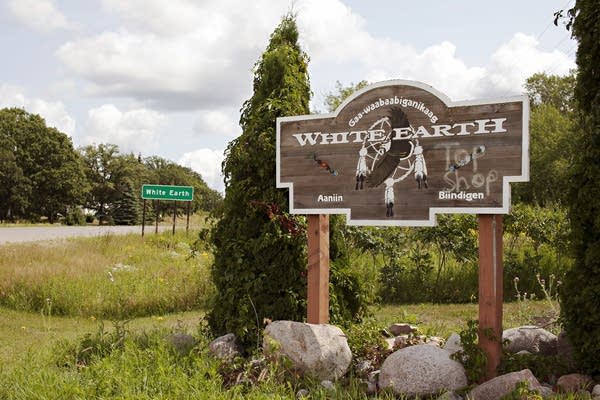 Signs welcome visitors to White Earth, on the White Earth Reservation.