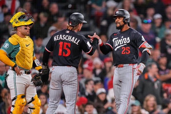 Byron Buxton is congratulated by Luke Keaschall after his two-run home run,