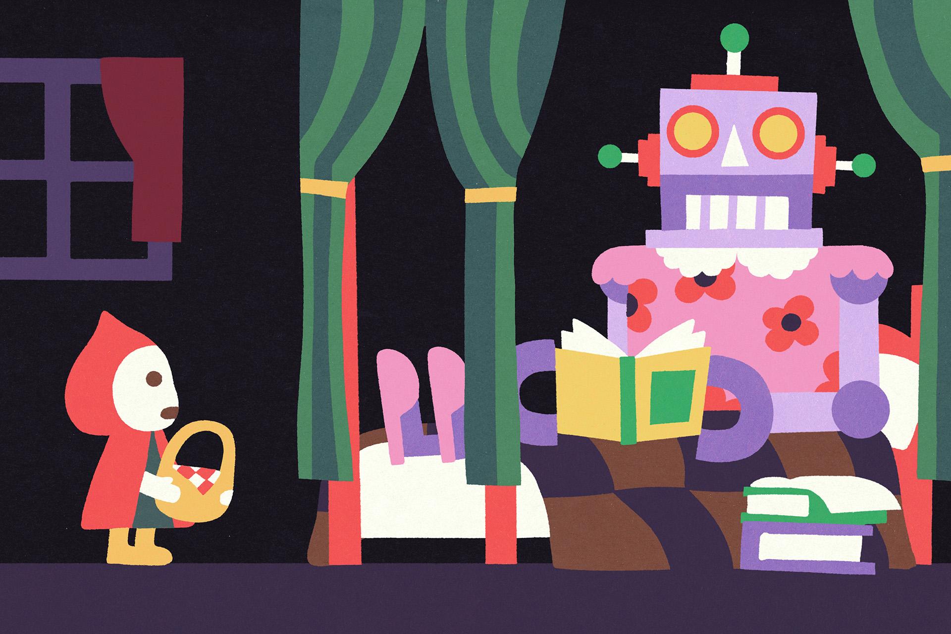 an illustration of a skeptical little red riding hood approaching a robot wearing a floral nighty while reading a book and laying in bed. A stack of other books is nearby.