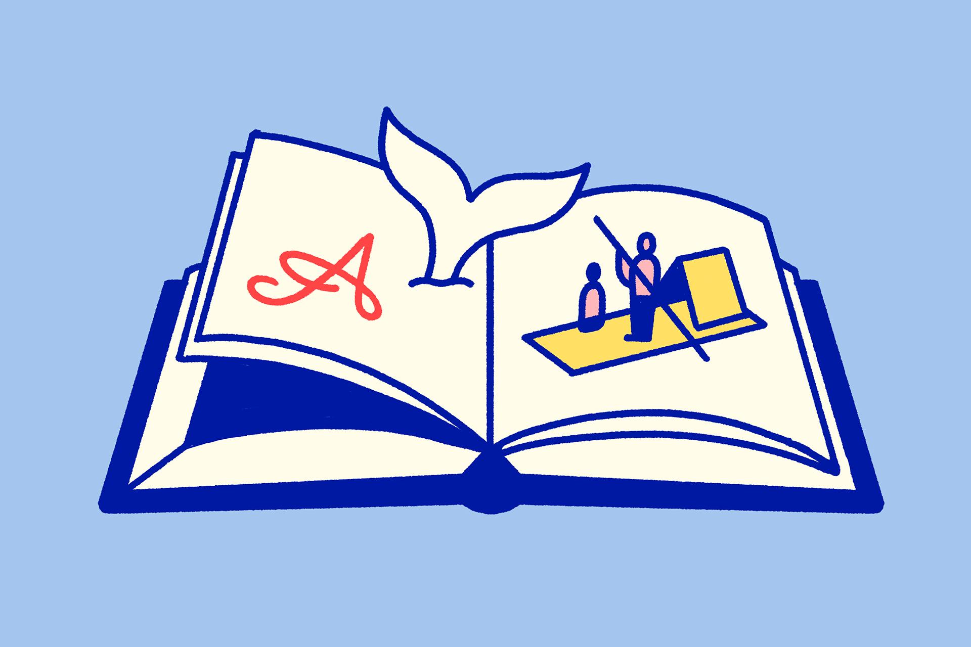 an illustration of an open novel with a whale tale emerging as if swimming in the pages. Two figures on a raft also float on one of the pages. A red letter A is on the opposite page.