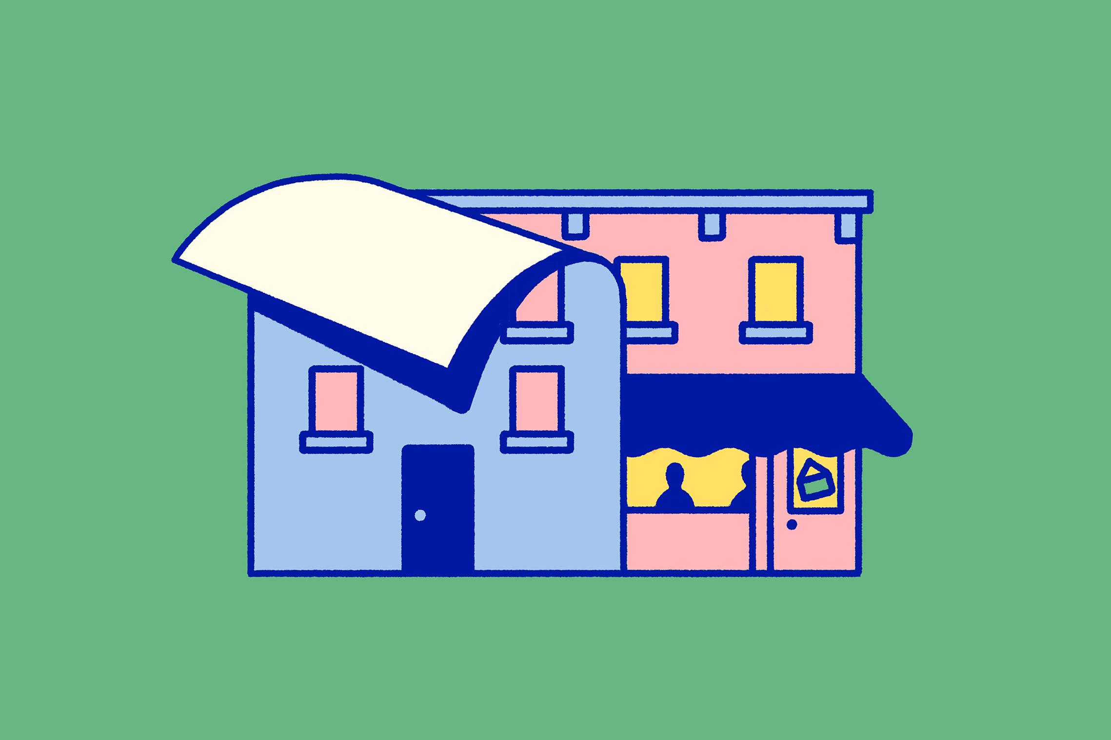 an illustration of an apartment building peeling away to reveal a mixed-use building with apartments up top and a busy cafe below