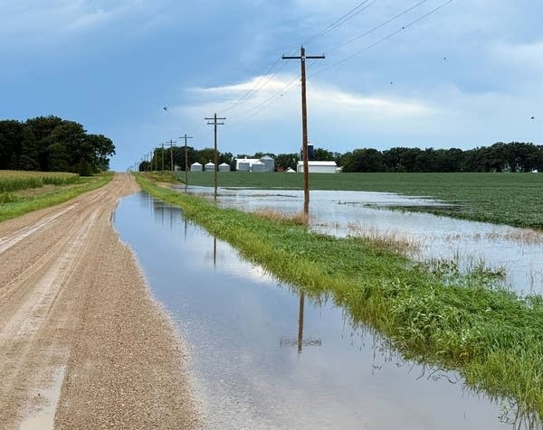 A farm field and dirt road with water flooding both.