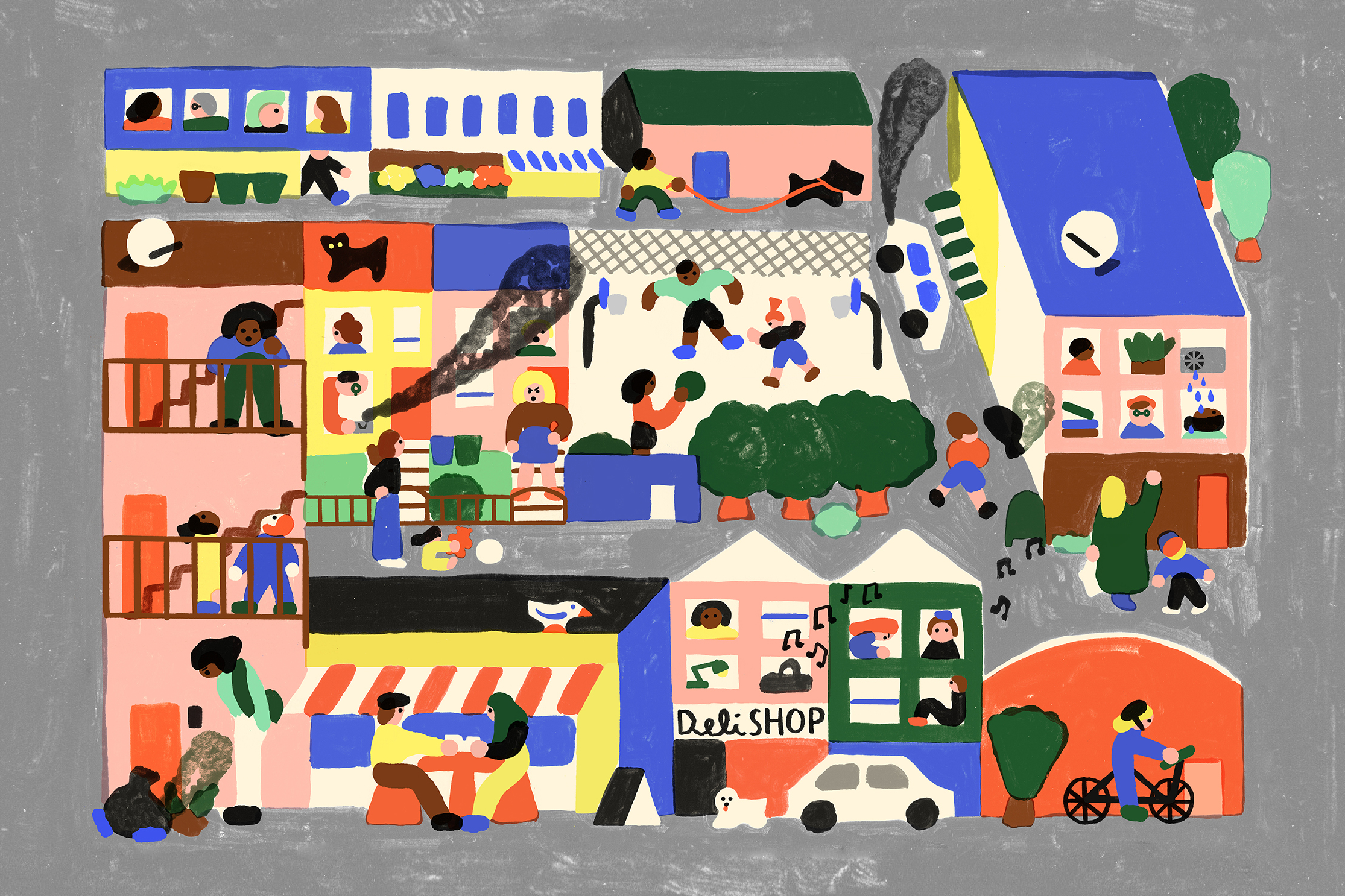 a busy illustrated scene of a city neighborhood