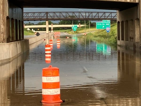 A freeway is closed due to flooding