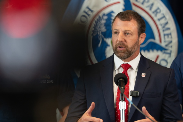 Department of Homeland Security Secretary Markwayne Mullin speaks during a news conference July 1 in New York.