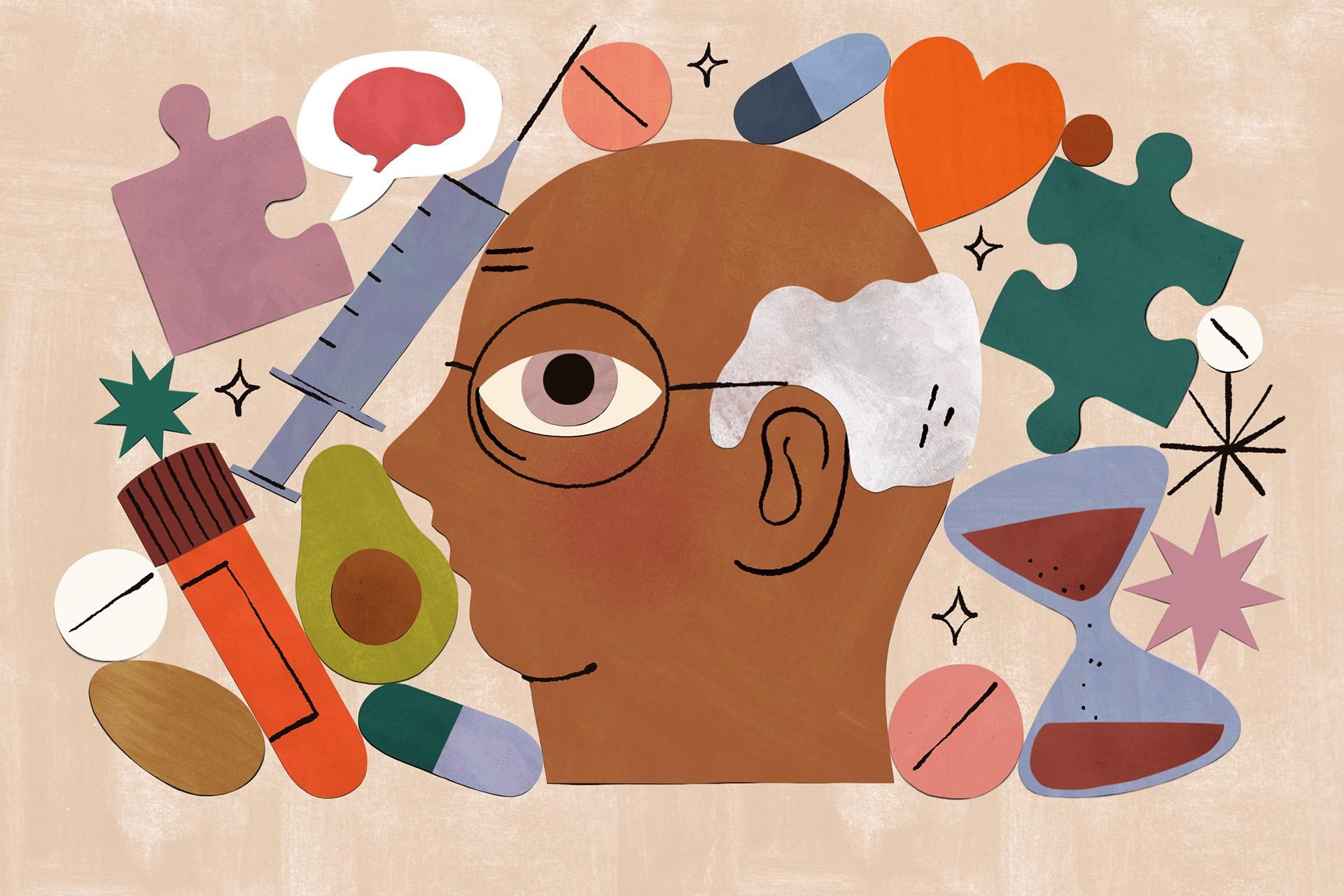 an illustration of a man with glasses and white hair surrounded by puzzle pieces, a syringe, various pills, and food items.