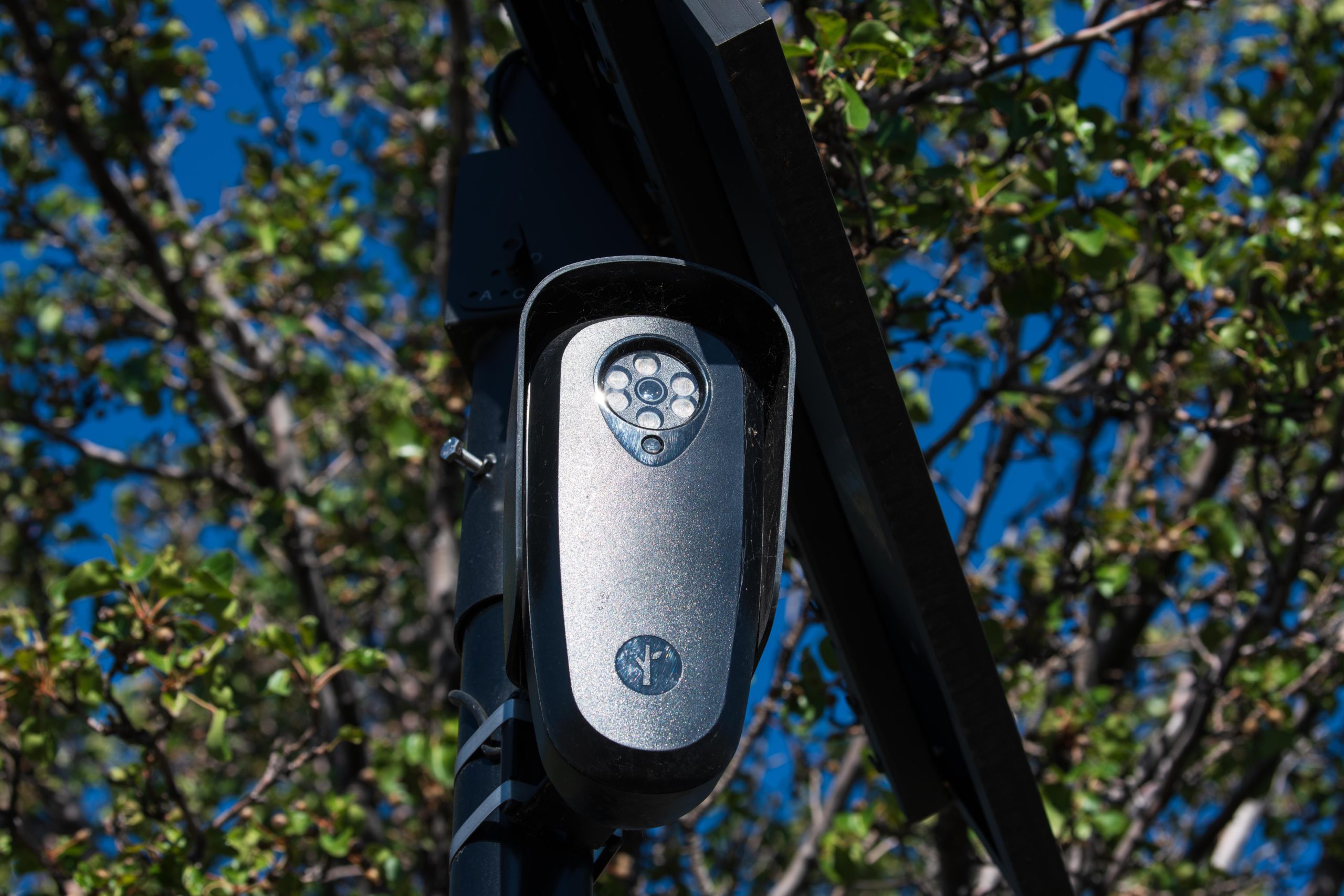 A Flock camera hanging from a utility pole in front of trees. 
