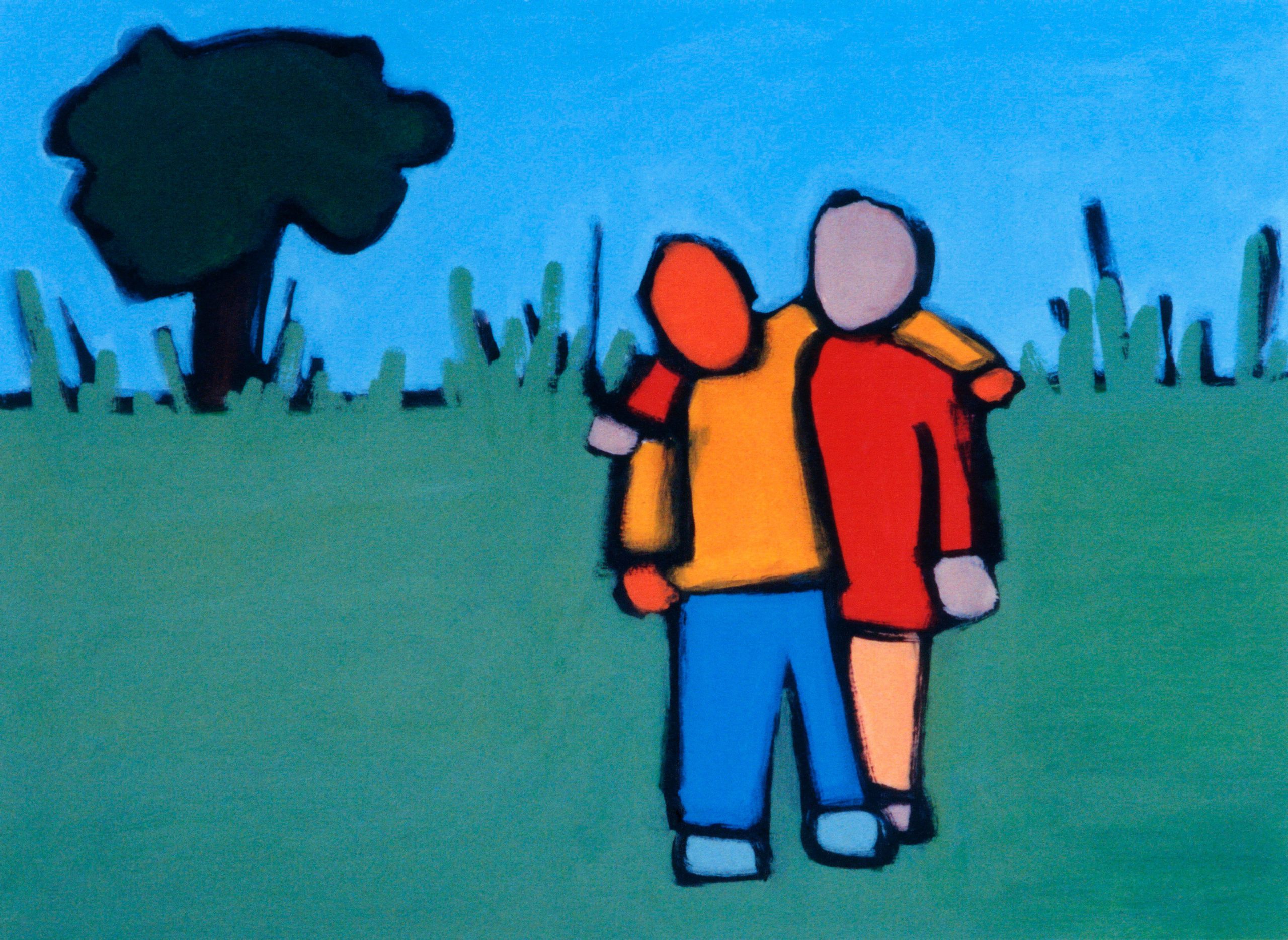 An illustration of two figures, arm in arm in a grassy field with a tree in the background.