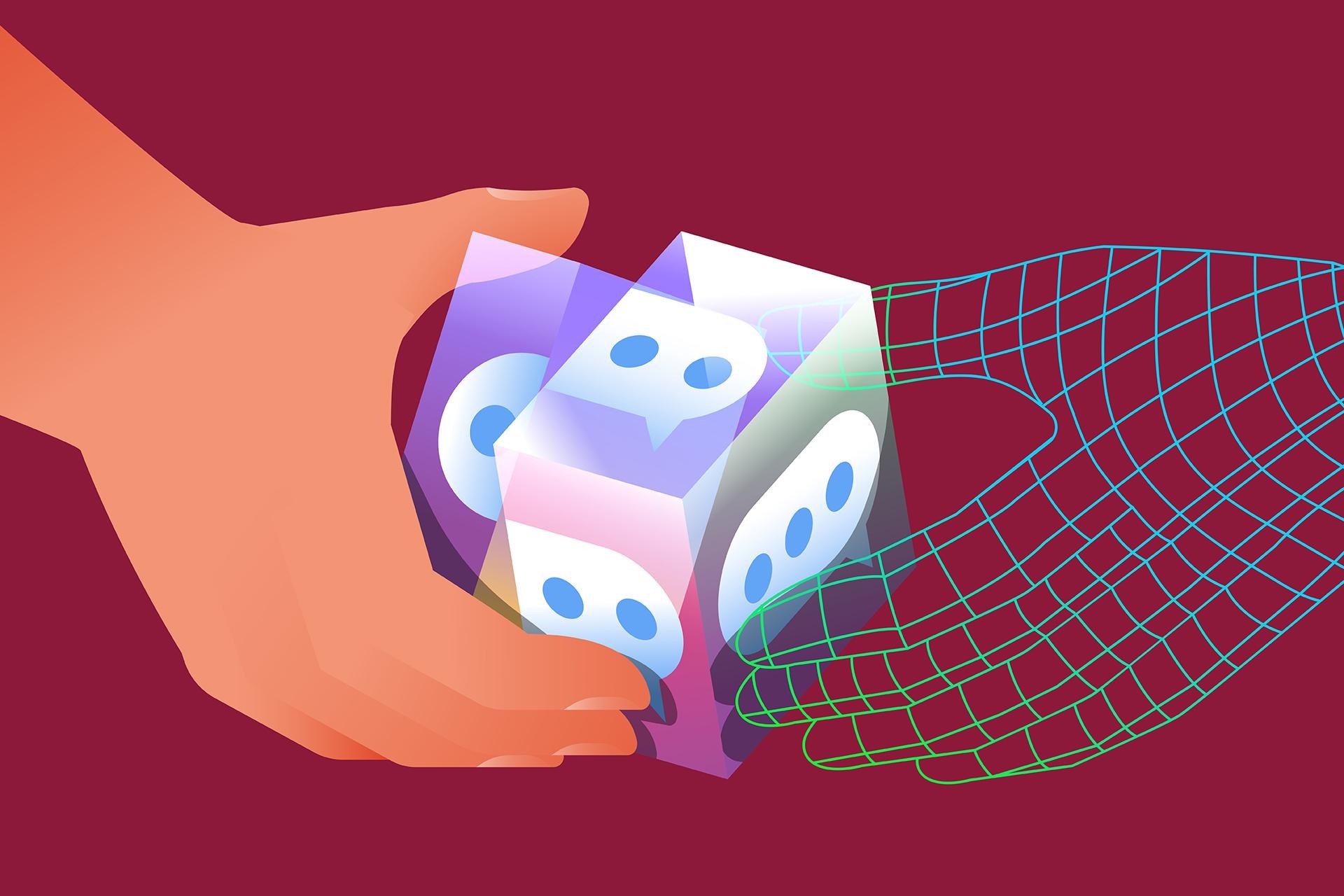 Human and digital hands solving glass cube with text bubbles