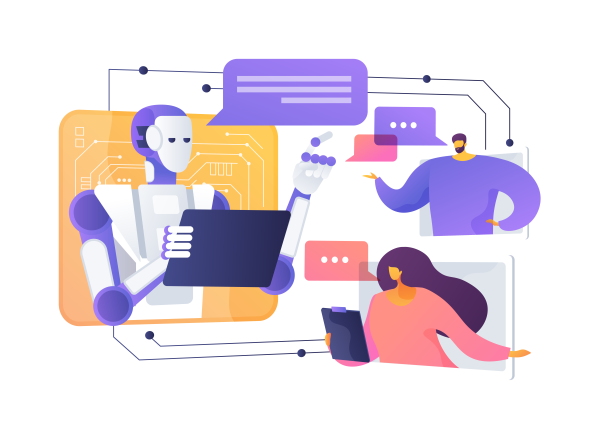 This illustration shows people chatting with a robot, symbolizing the use of AI chatbots.
