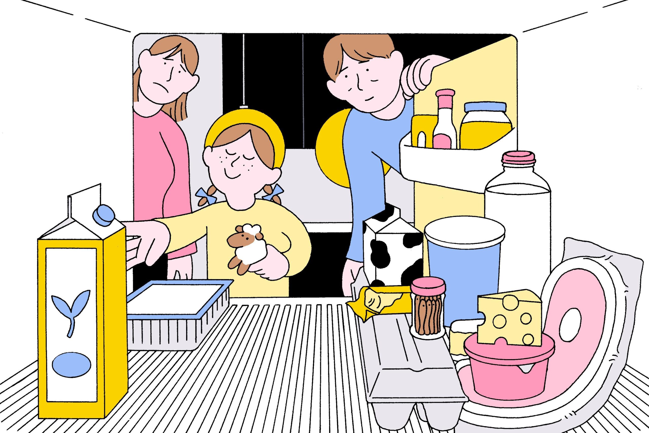 illustration of a family opening a fridge; the child is choosing vegan options, while the parents look on concerned