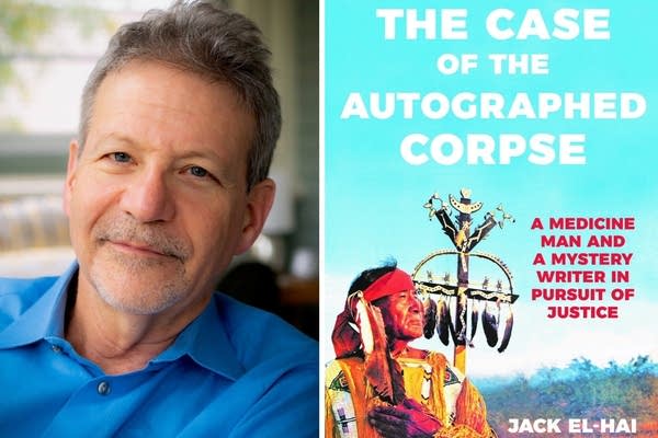 Side-by-side image. On the left, an author portrait of a man in a blue shirt. On the right, a light blue book cover with an image of an Indigenous man and white text reading, 