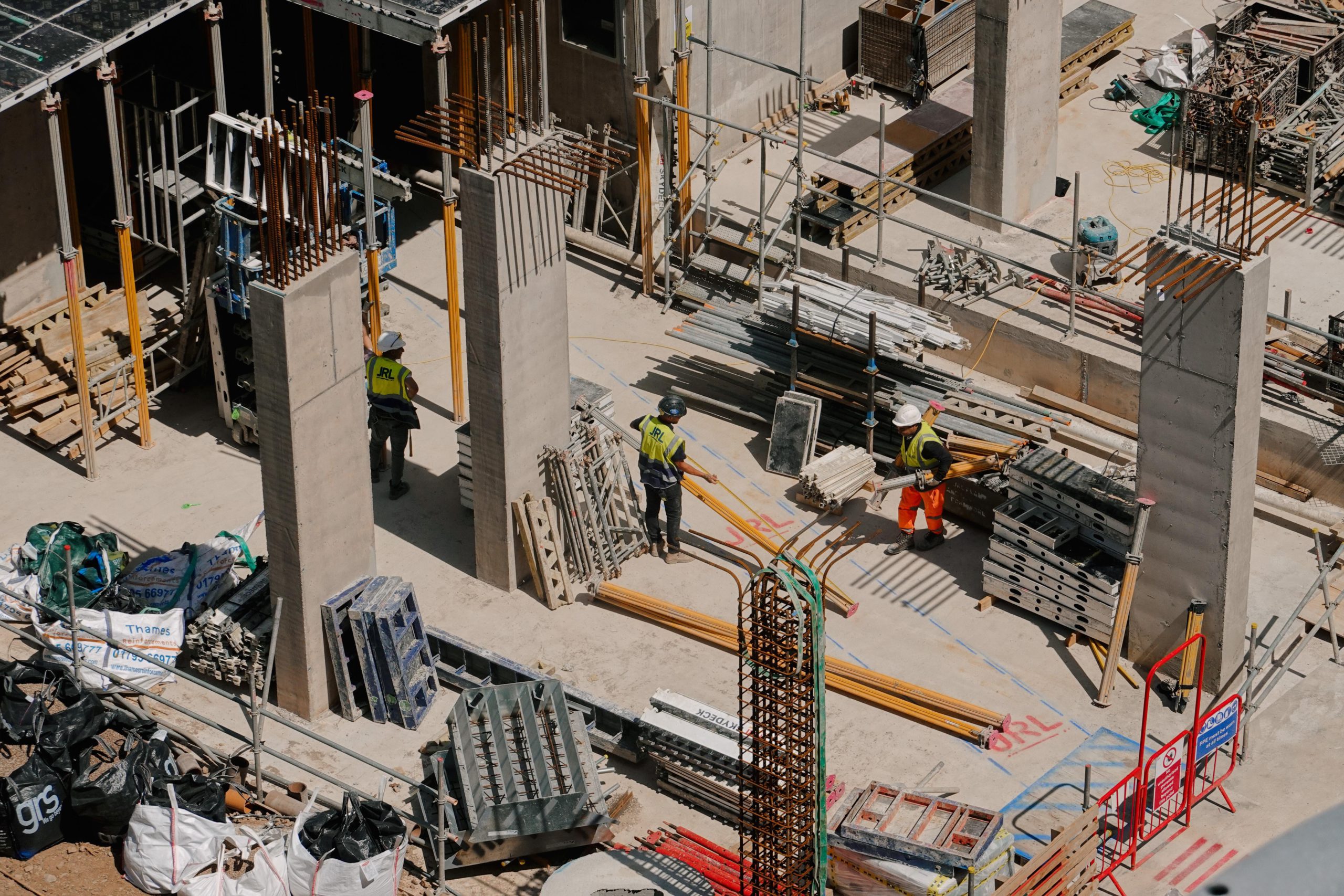 High-angle view of construction workers