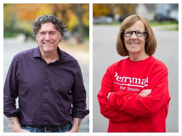 A side by side image of a man in button shirt and woman in red shirt