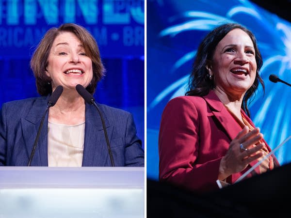 Side-by-side photo of Amy Klobuchar and Lisa Demuth speaking at podiums.