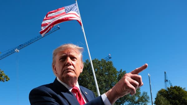President Donald Trump stands and points in front of an American flag.