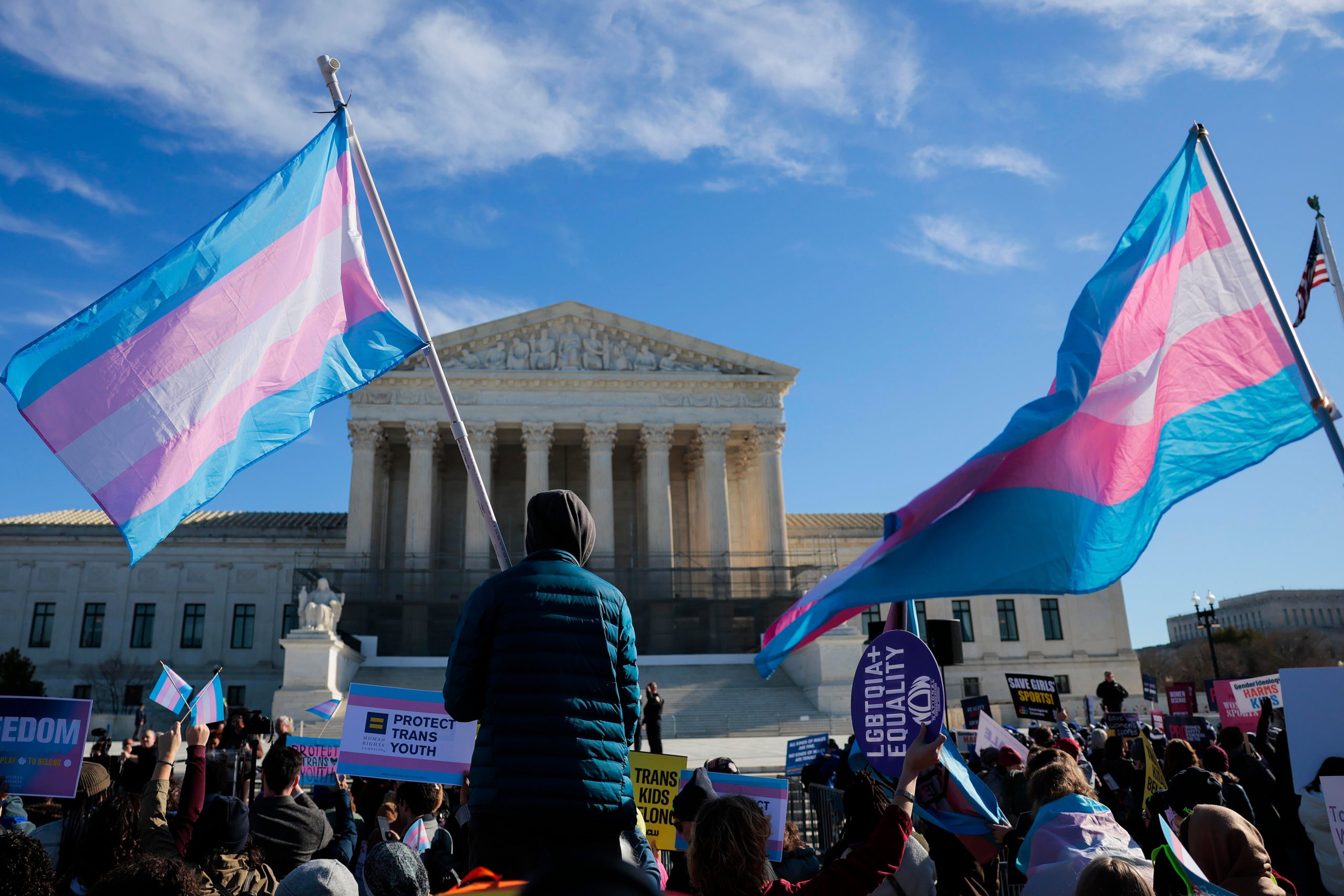 People carrying trans rights flags outside the Supreme Court