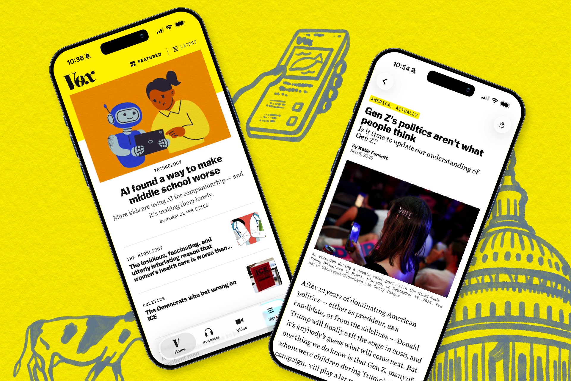 Two screenshots of Vox’s new app on a yellow background