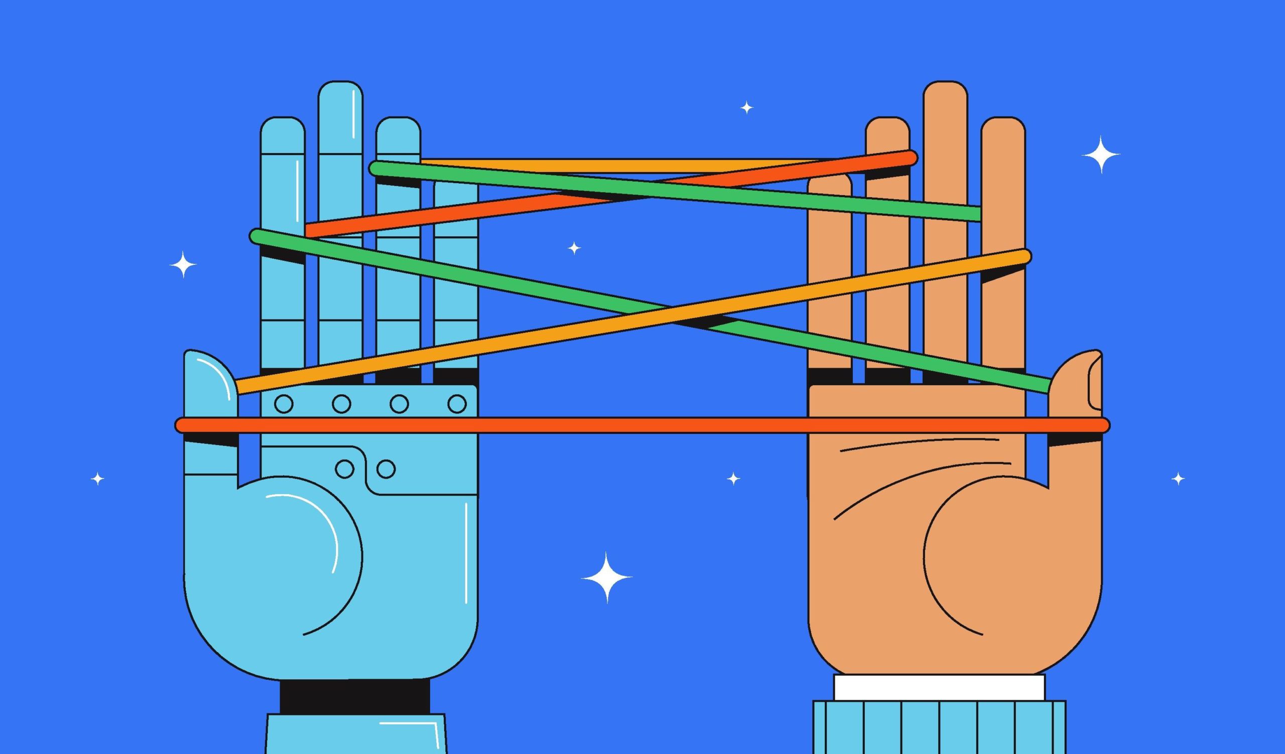 Robotic and human hands playing cat's cradle - stock illustration Robotic and human hands playing cat's cradle.