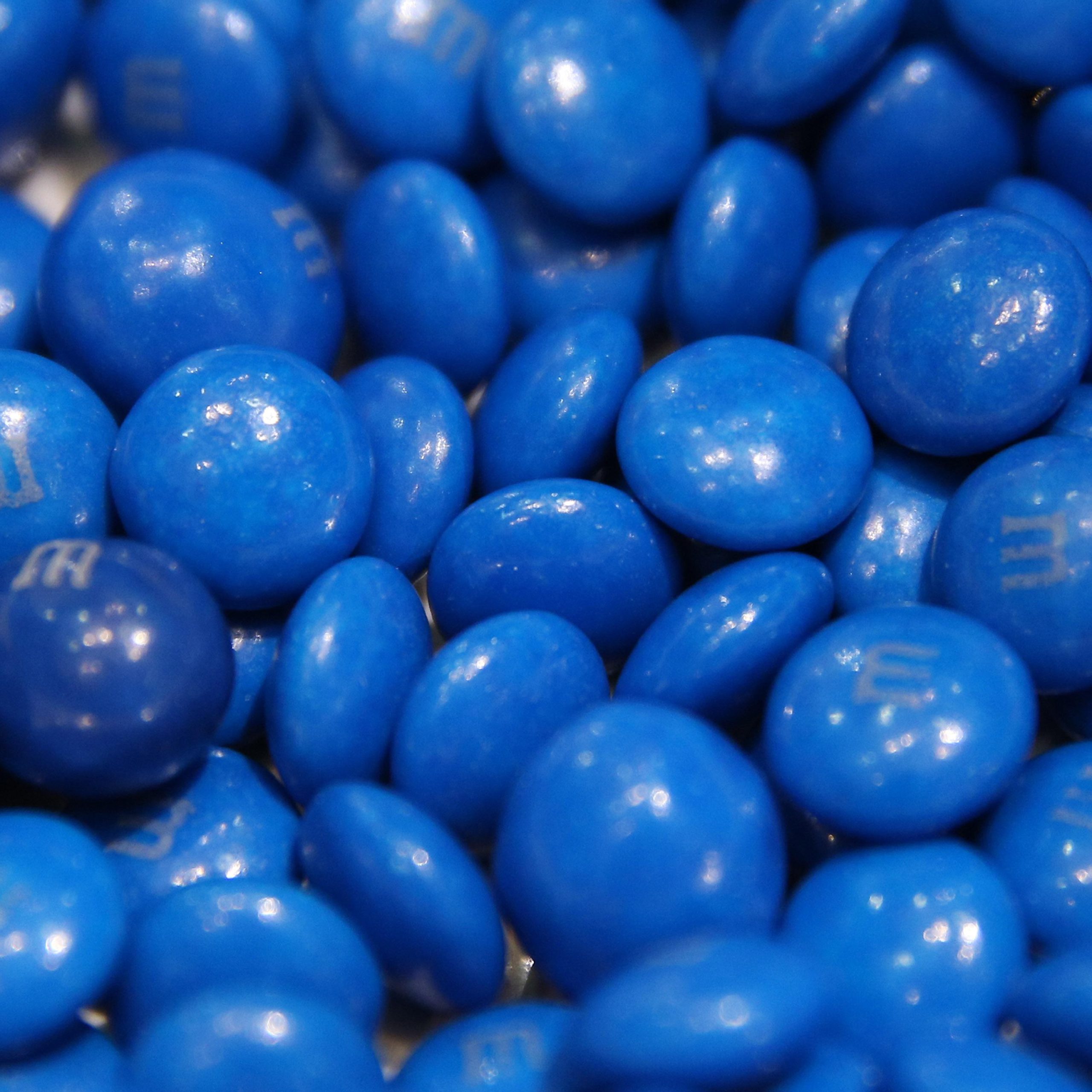 A close-up image shows a bowl of blue M&M candies.