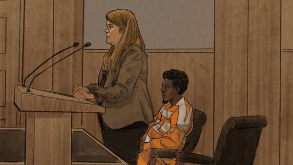 A courtroom illustration of a sentencing.